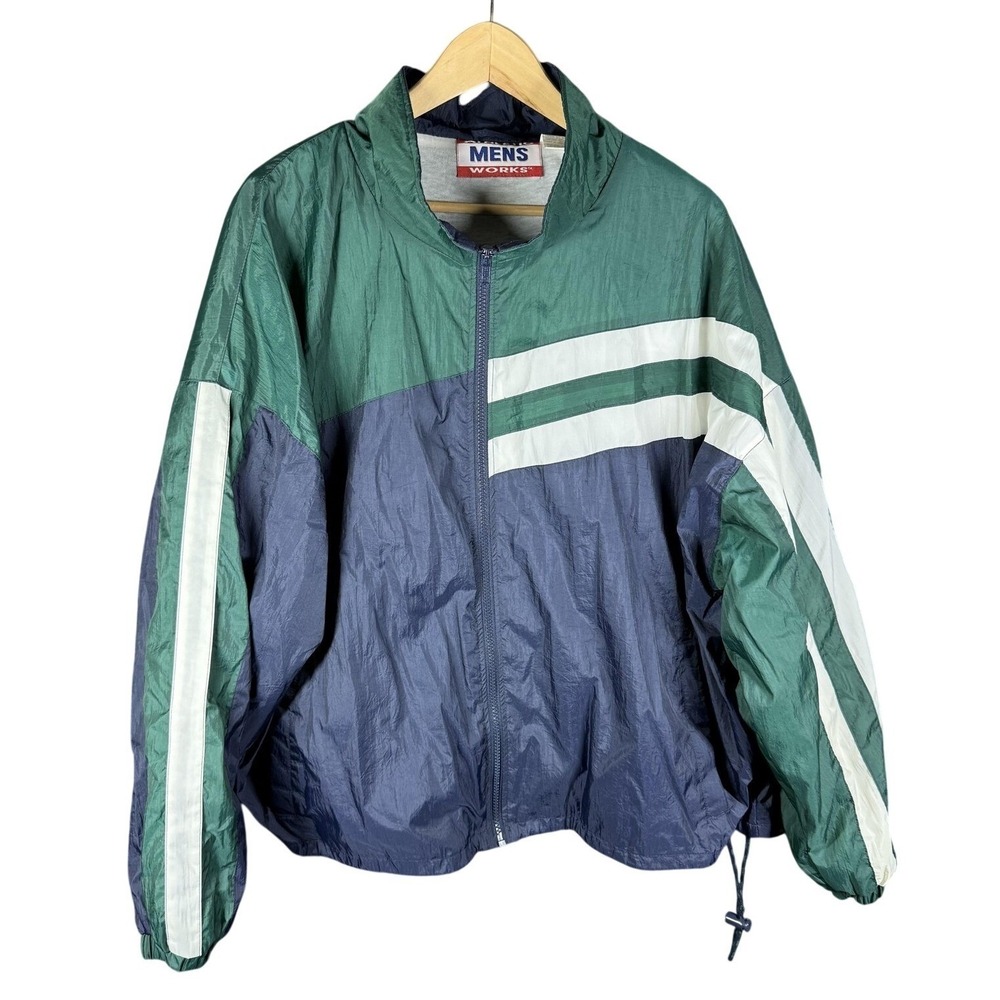 Athletic Works Windbreaker Mens XL Green Navy Blue Colorblock Striped‎ Jacket